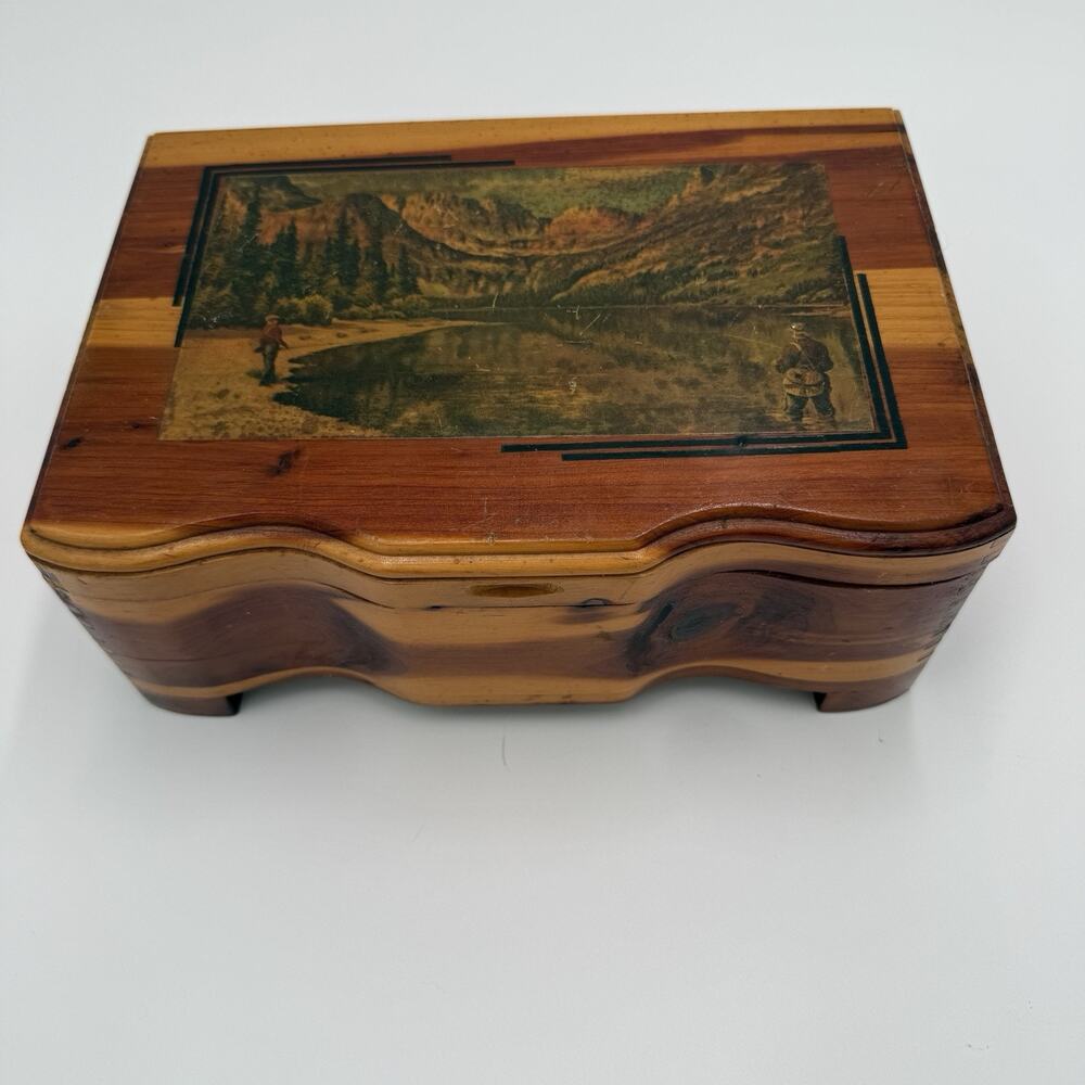 Vintage Cedar Wood Jewelry Keepsake Box Fishing Trout Fisherman Rustic Cabin